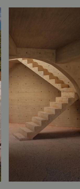 Spiralling stairs and columns of light